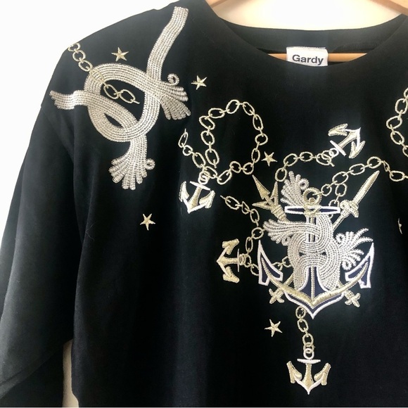 Gardy Embroidered Black Nautical Theme Three Quarter Length Sleeve Top - Picture 2 of 7